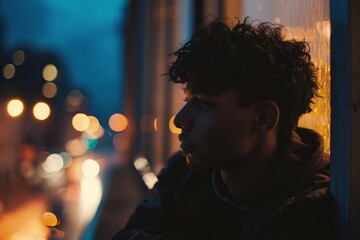 A contemplative man seen in profile, his silhouette outlined against the blurred lights of a city at twilight, embodying urban solitude and reflection.

