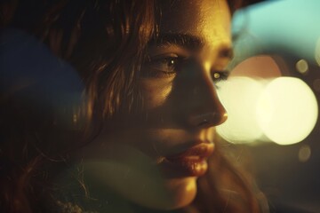 An intimate evening moment captured as a woman's face is illuminated by the soft city lights, her features bathed in the glow of night's ambiance.

