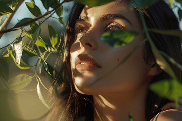 Mysterious allure captured in a close-up of a woman's face peeking through verdant leaves, her gaze lost in distant thoughts, beautifully framed by nature.

