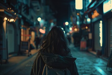 Rear view of a lone woman walking through an empty city alley, bathed in the glow of streetlights, evoking solitude.


