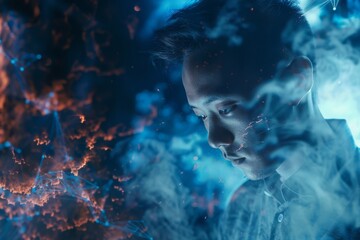 Abstract and conceptual portrait of a boy with a look that pierces through a veil of smoke and blue light.

