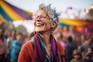 Portrait of a happy woman in her 60s wearing a comfy flannel shirt over vibrant festival crowd - obrazy, fototapety, plakaty