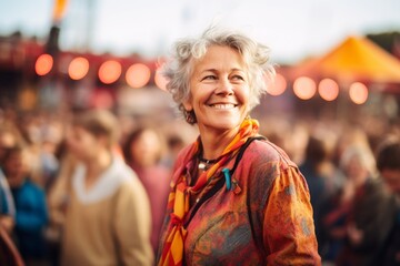 Obraz premium Portrait of a happy woman in her 60s wearing a comfy flannel shirt over vibrant festival crowd