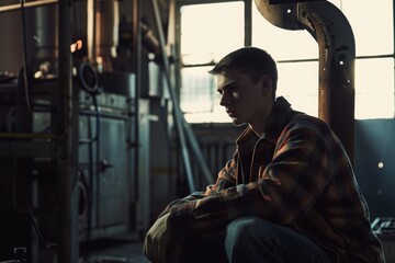 Reflective young man seated in dimly lit industrial setting, contemplation and solitude theme, artistic portrait photography

