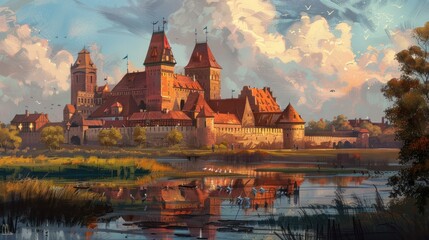 The Castle of the Teutonic Order in Malbork by the Nogat river. Poland