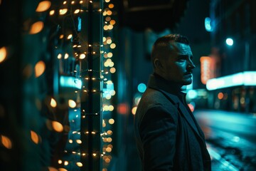 Nighttime cityscape with a man in sharp focus against a backdrop of urban lights, creating a sense of mystery.

