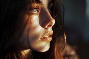 Intimate portrait of a young woman with piercing gaze, highlighted by dramatic chiaroscuro lighting and a contemplative mood.

