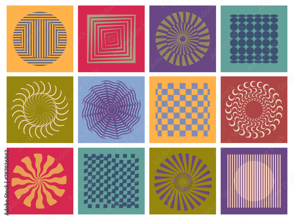 Aufkleber Visual illusion and optical geometric shapes with motion and texture effect. Vector set of contemporary arts and trendy graphics with color and wavy forms. Modernish placards or decoration