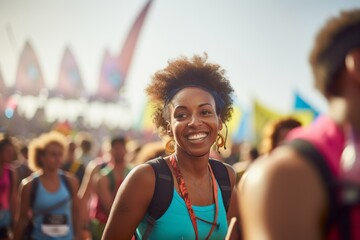 Portrait of a grinning afro-american woman in her 20s wearing a lightweight running vest in vibrant festival crowd