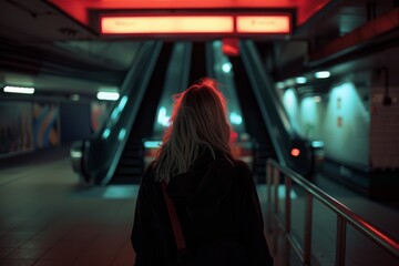 Solitary woman on an escalator, immersed in thought amidst the glowing red signs of the subway, capturing the essence of urban solitude.

