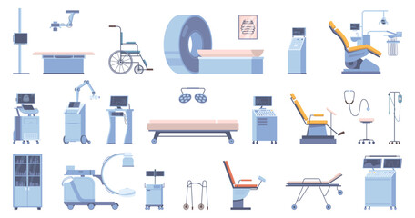 Healthcare hospital clinic medical equipment for checkup. Vector flat cartoon style, isolated devices for diagnostics. Stethoscope and electrocardiograph, dental chair and wheel for patient