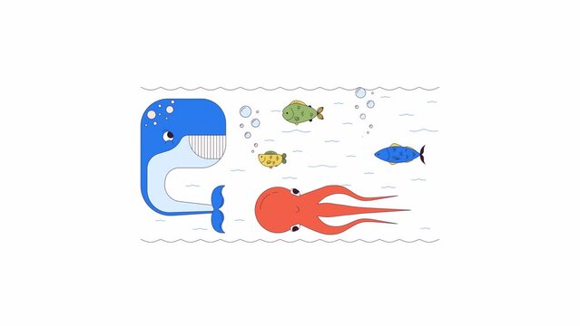Exploring deep sea creatures line 2D characters animation. Amazing undersea life flat color cartoon 4K video, alpha channel. Water animals and fishes animated personages on white background