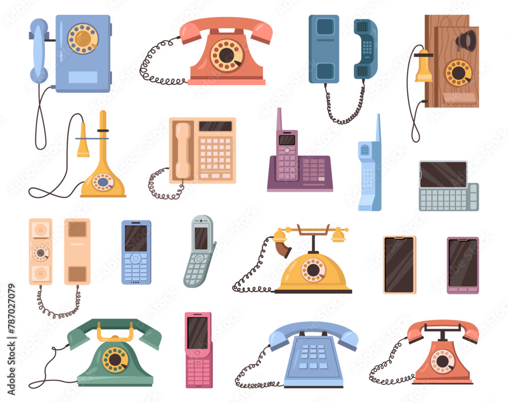 Poster evolution of mobile and stationary phones. vector flat cartoon style, development and advancement of