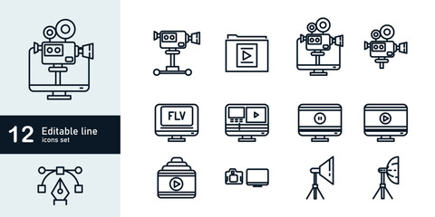 Simple Outline Set of Video Production icons. Linear style icons pack. Vector illustration