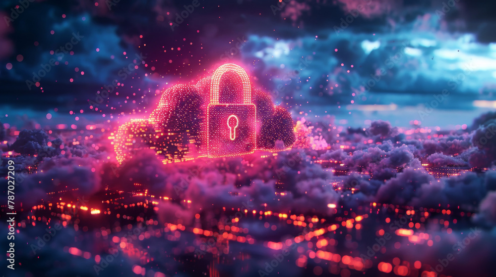 Poster cyber internet cloud security or data storage of network protection with padlock sign light, futuris