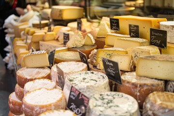 local cheese market or shop and capture the colorful displays of cheeses, signage, and interactions between customers and vendors.