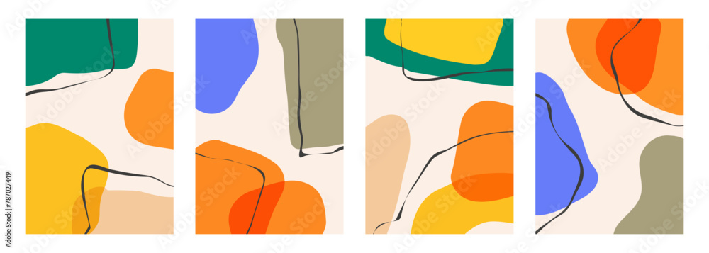 Fototapete Set of abstract backgrounds with various hand drawn dynamic shapes and black curved lines for creative graphic design. Vector illustration.