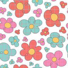 Retro 60s groovy psychedelic seamless pattern background. Cartoon hippie style checkered flowers, hand drawn simple daisies