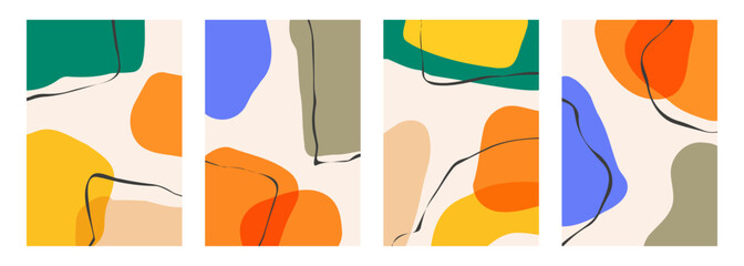 Set of abstract backgrounds with various hand drawn dynamic shapes and black curved lines for creative graphic design. Vector illustration.