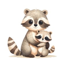 Naklejka premium A watercolor painting of a mother raccoon and her baby.