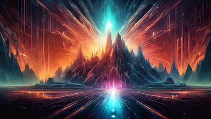 A vibrant landscape depicting a cave illuminated by  flames amidst rocky textures