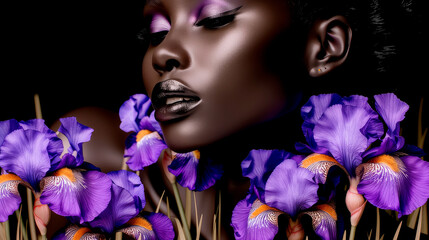 beautiful dark-skinned girl with irises on a dark background