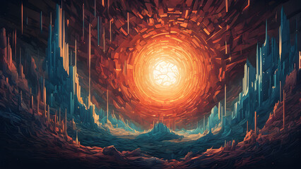 A vibrant landscape depicting a cave illuminated by  flames amidst rocky textures