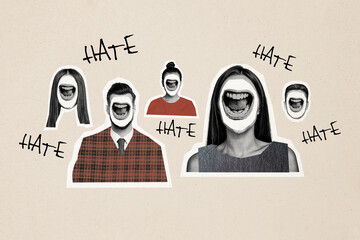 Composite photo collage of crowd people girl guy instead face mouth scream laugh hate abuse society...