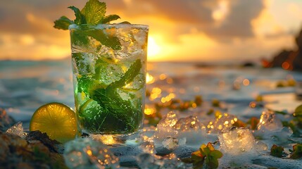 a refreshing mojito cocktail set against the backdrop of the azure ocean, inviting viewers to unwind and savor the flavors of paradise in cinematic high resolution. - obrazy, fototapety, plakaty