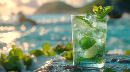 a refreshing mojito cocktail set against the backdrop of the azure ocean, inviting viewers to unwind and savor the flavors of paradise in cinematic high resolution.