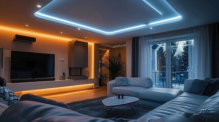 Obraz premium LED ceiling lights in the living room. Generative AI.