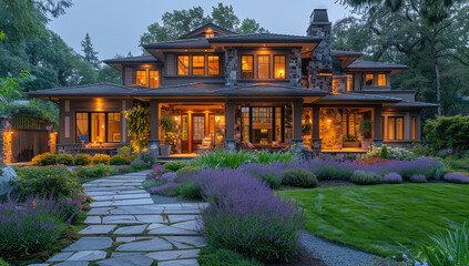 A photo of the exterior front view, wide angle shot, of an elaborate craftsman style home in lavender and brown with large windows at night. Created with Ai