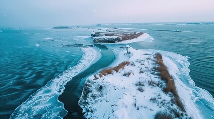 Winter at Baltic Sea. Snowy Hel peninsula. Aerial view of Poland, Europe  - obrazy, fototapety, plakaty