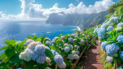 blooming hydrangeas growing along a mountain path above the sea
