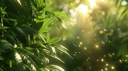 AI-generated illustration of hemp leaves basking in the sunlight filtering through a verdant canopy
