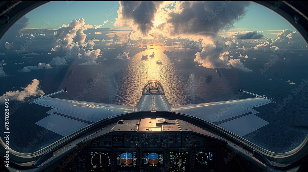 Poster the cockpit of a jet, looking forward, can see the sky and the ocean. generative ai.