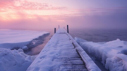 Winter pier by the Baltic Sea in Gdynia Orlowo at dawn. Poland