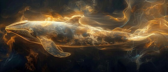 Opulent art background with a golden line whale, its form elegantly weaving through wispy clouds, epitomizing highend artistry - obrazy, fototapety, plakaty