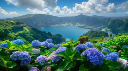 Blooming hydrangeas in the foreground, lake and mountains in the background in the Azores