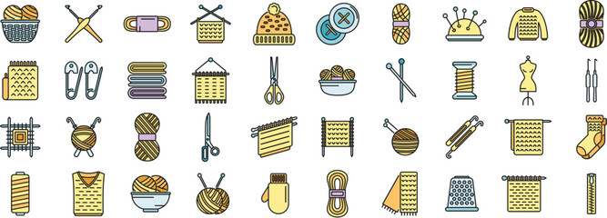 Knitting icons set outline vector. Crochet yarn. Hand made thin line color flat on white