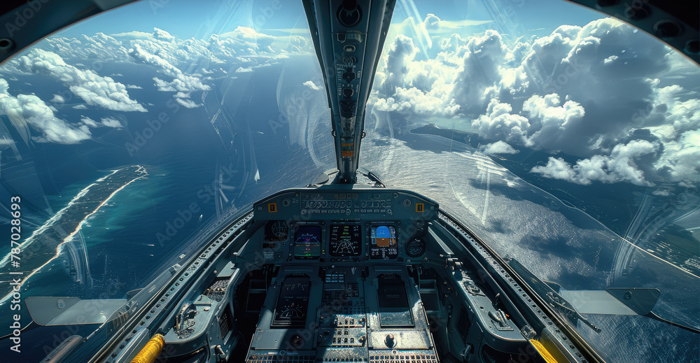 Poster the cockpit of a jet, looking forward, can see the sky and the ocean. generative ai.