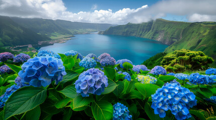 Blooming Hydrangeas Over Lake The