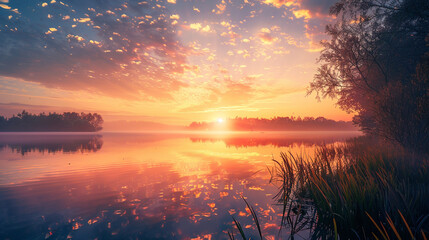 Step into a moment of tranquility with an AI-generated image capturing the magical sunrise over a serene lake, depicted in high definition to emphasize the soft hues of dawn painting the sky and water - Powered by Adobe