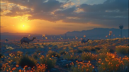Evening sky in a desert, some camels are walking , there are few Translucent futuristic inorganic flowers and grass. Generative AI. - obrazy, fototapety, plakaty