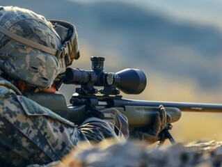 A camouflaged sniper in a helmet lying prone and looking through the scope of a high-precision sniper rifle