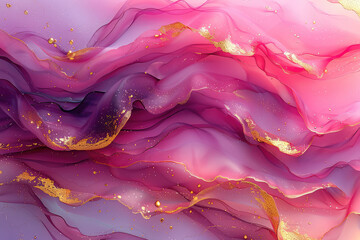 Abstract art background with wavy pink and purple gradient, in the style of alcohol ink with gold highlights. Created with Ai