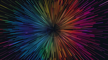 Radiant rainbow lines in a circle create an abstract, firework-like display.