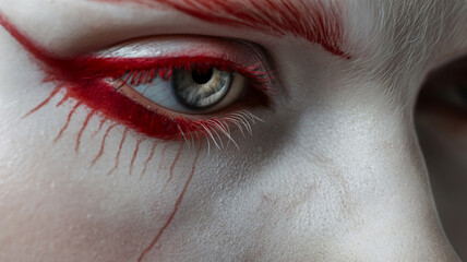 Close-up of a human eye with striking red makeup, creating a dramatic and intense look.