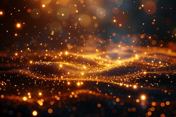 Abstract digital background with golden glowing particles and a blurred backdrop
