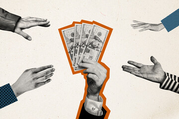 Composite photo collage of hand hold money dollars charity help poor people hand volunteer support payment isolated on painted background